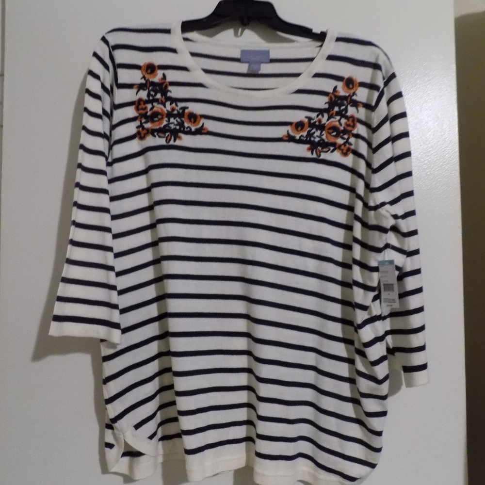 Laura Scott 3/4 Sleeve Embellished Striped Sweater